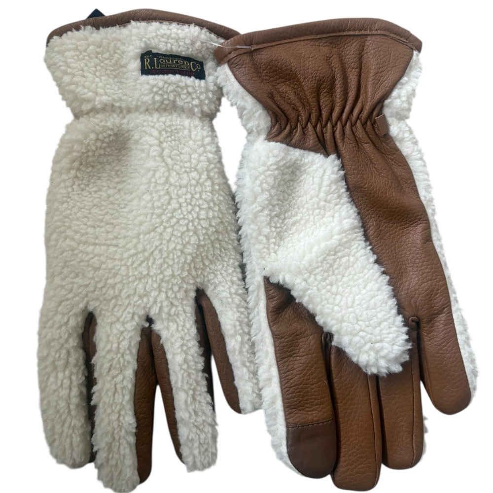 Polo Ralphs Lauren Fleece & Leather Insulated Touch Gloves White/Tan Size M - Picture 5 of 12